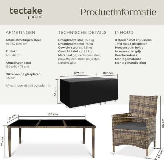 Technische details van een 8-persoons wicker tuinset met tafelafmetingen, stoelafmetingen en beschermhoes.