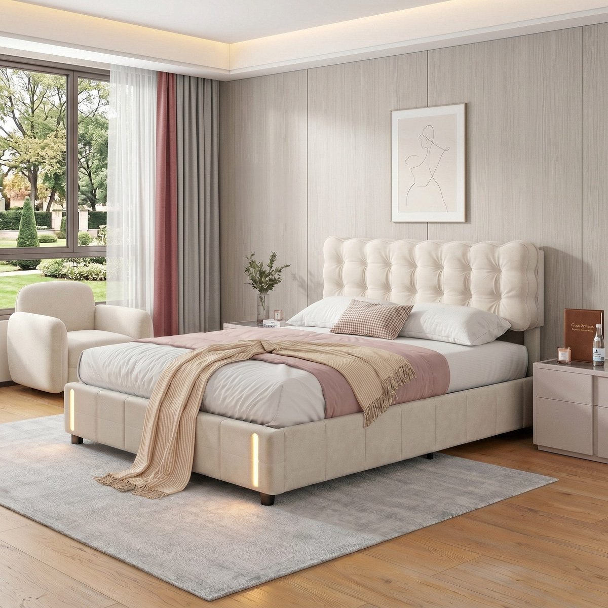 SHOPENTRA Opbergbed 140x200 cm Beige Fluwelen met LED - SHOPENTRA - €276,99