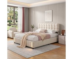 Opbergbed 140x200 cm – Tweepersoonsbed – Beige fluwelen gaslift bed – Met opbergruimte en LED-voetbordverlichting