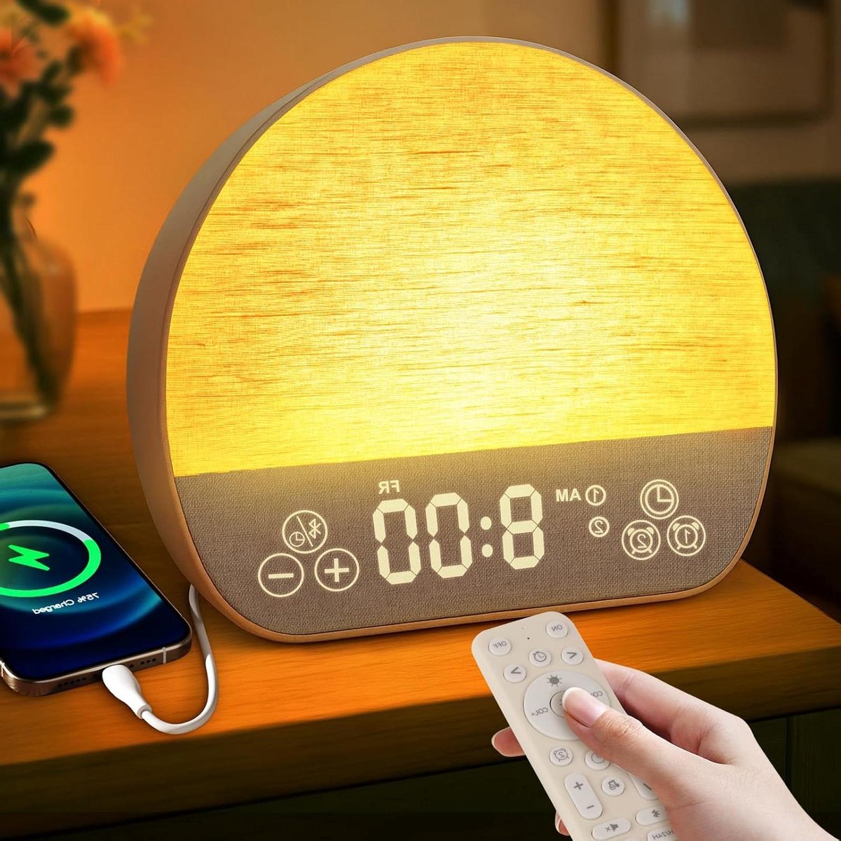Wake-up Light - Zonsopgang Klok - Rustig Wakker Worden - 37 Kalmerende Geluiden - 18 cm Lengte - Beige