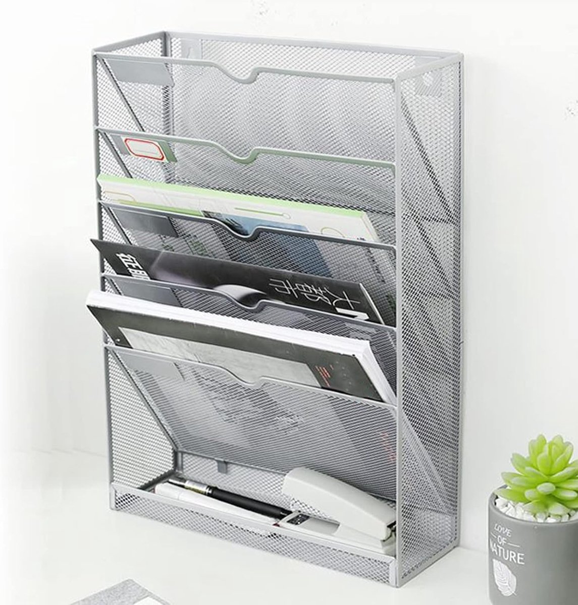 Wand Krantenhouder - Documenten Organizer - Kantoor Organiseren - 5 Etages Net Design - A4 Formaat - Zilver