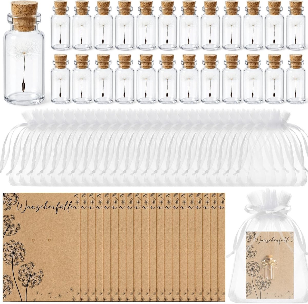 Set van 24 Dandelion Potten met Groene Touw voor Bedankkaarten en Geluksgeschenken voor Feestjes en Verjaardagen