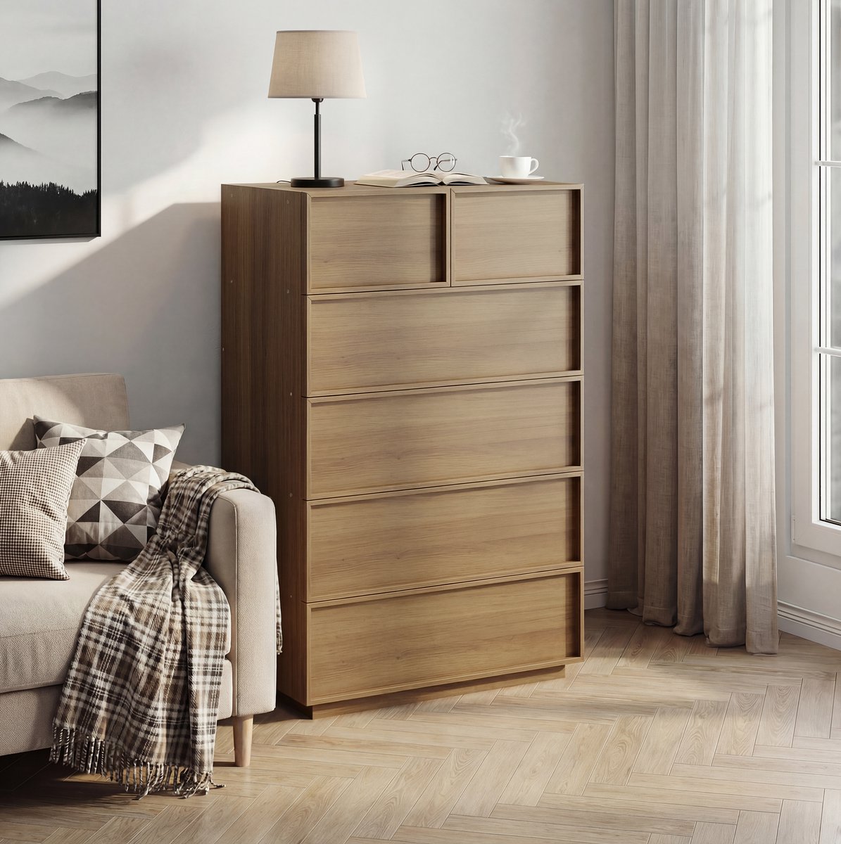 MIVRAY Dressoir - Zes Greeploze Lades Met Ruime Opbergruimte - Veelzijdig Voor Woonkamer Slaapkamer En Hal - Houtlook Eiken - 80x48x127,5 Cm