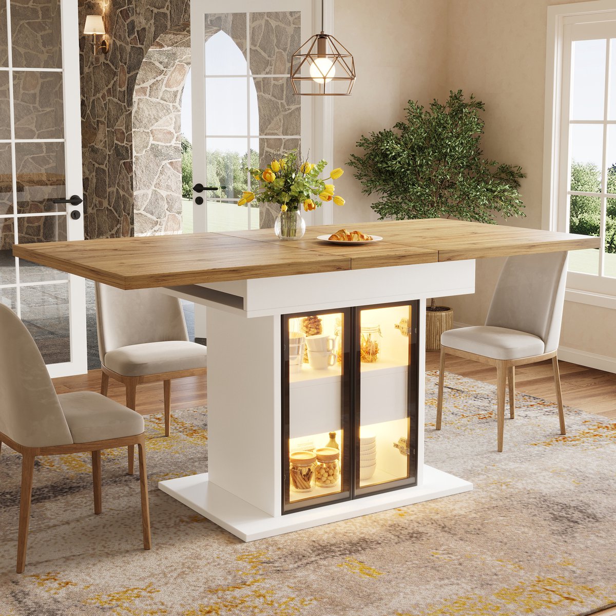 MIVRAY Eettafel - Uitschuifbaar Met Opbergruimte En RGB Ledverlichting - Voor Keuken En Eetkamer - MDF En Metaal - Wit - 110 Tot 140 Cm