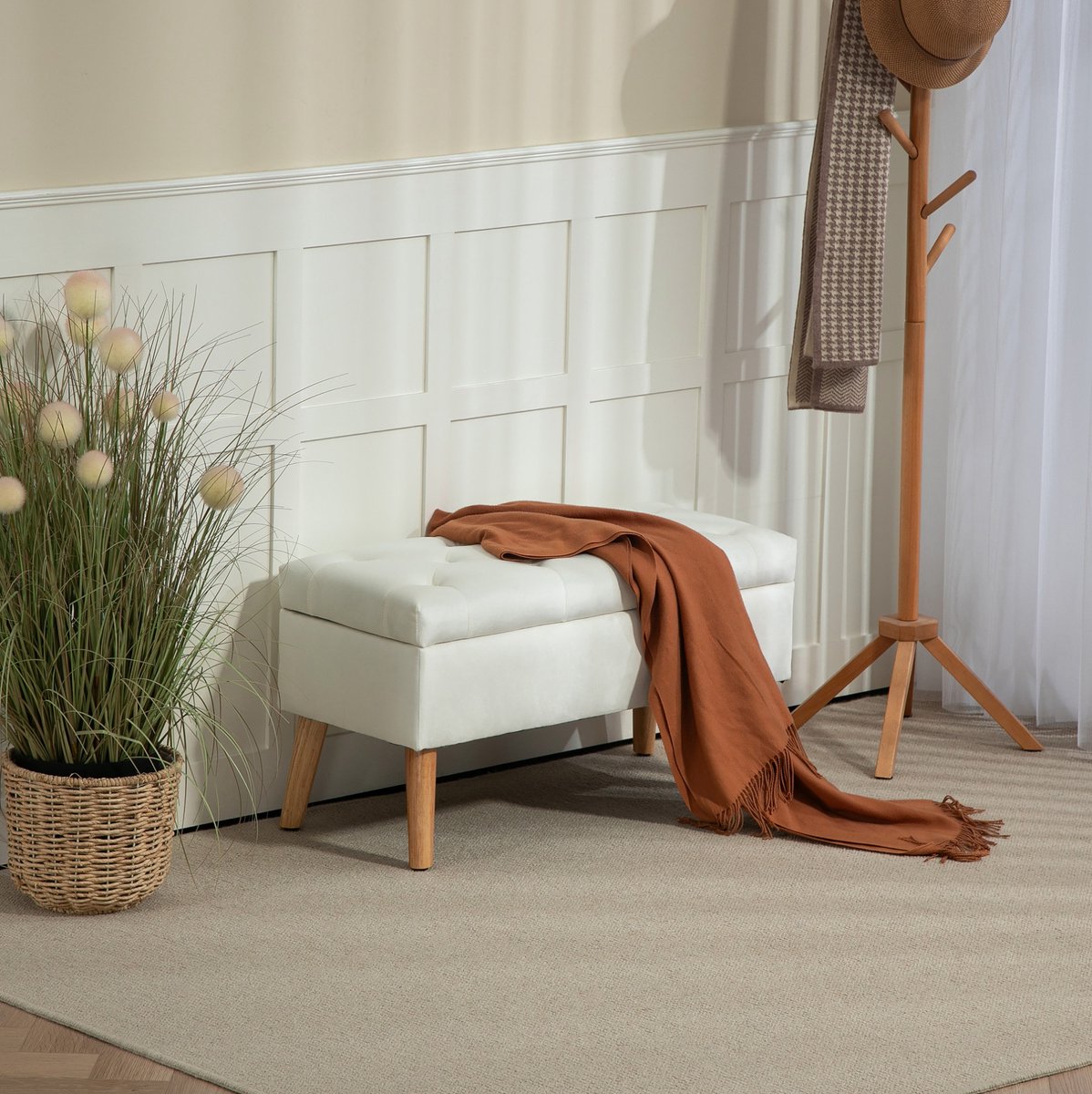 MEUNIQ opbergbank 80 x 35 x 40 cm met verborgen opbergruimte, knopstiksel en polyester bekleding, zitbank voor hal slaapkamer of woonkamer, wit