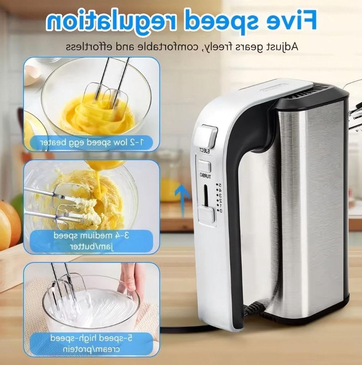 Elektrische Mixer Keukenmixer Handmixer Beslag Maken Krachtige 800W Motor 5 Snelheden Zilver