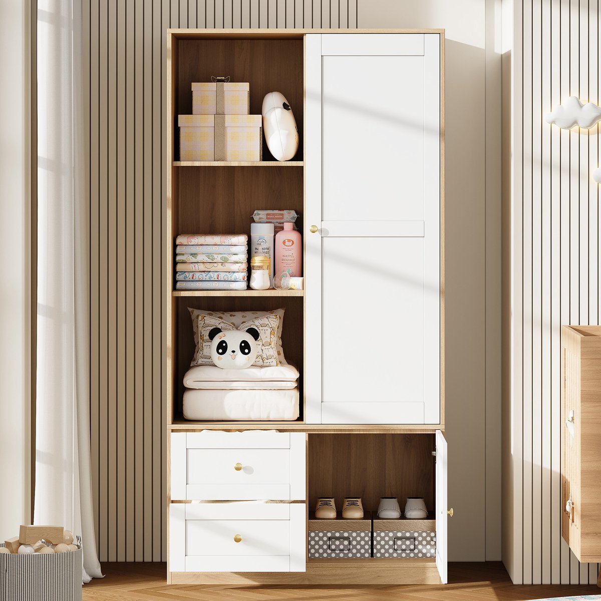 MIVRAY Kledingkast - Schuifdeurkast Met Lade En Kledingroede - Ruimtebesparend Voor Slaapkamer - MDF Naturel Wit - 90x50x180 Cm