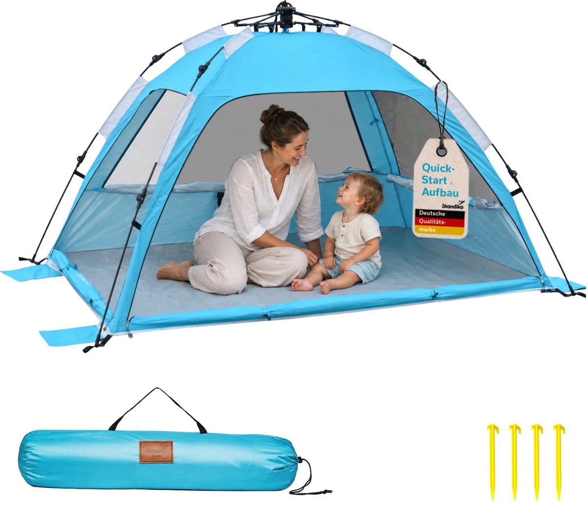 Skandika strandtent Skugga Quick-Start - strandtent, UV-bescherming 80+, rondom volledig afsluitbaar, windscherm, zonbescherming, privacybescherming, quick-up, zandharingen | grote strandtent voor gezin, kinderen