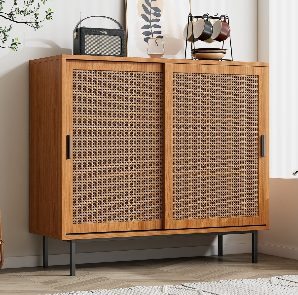 HAUSS SPOLE Dressoir - Met 2 Schuifdeuren En Verstelbare Plank - Voor Woonkamer En Eetkamer - Spaanplaat - 100x37x90 Cm - Walnootkleur