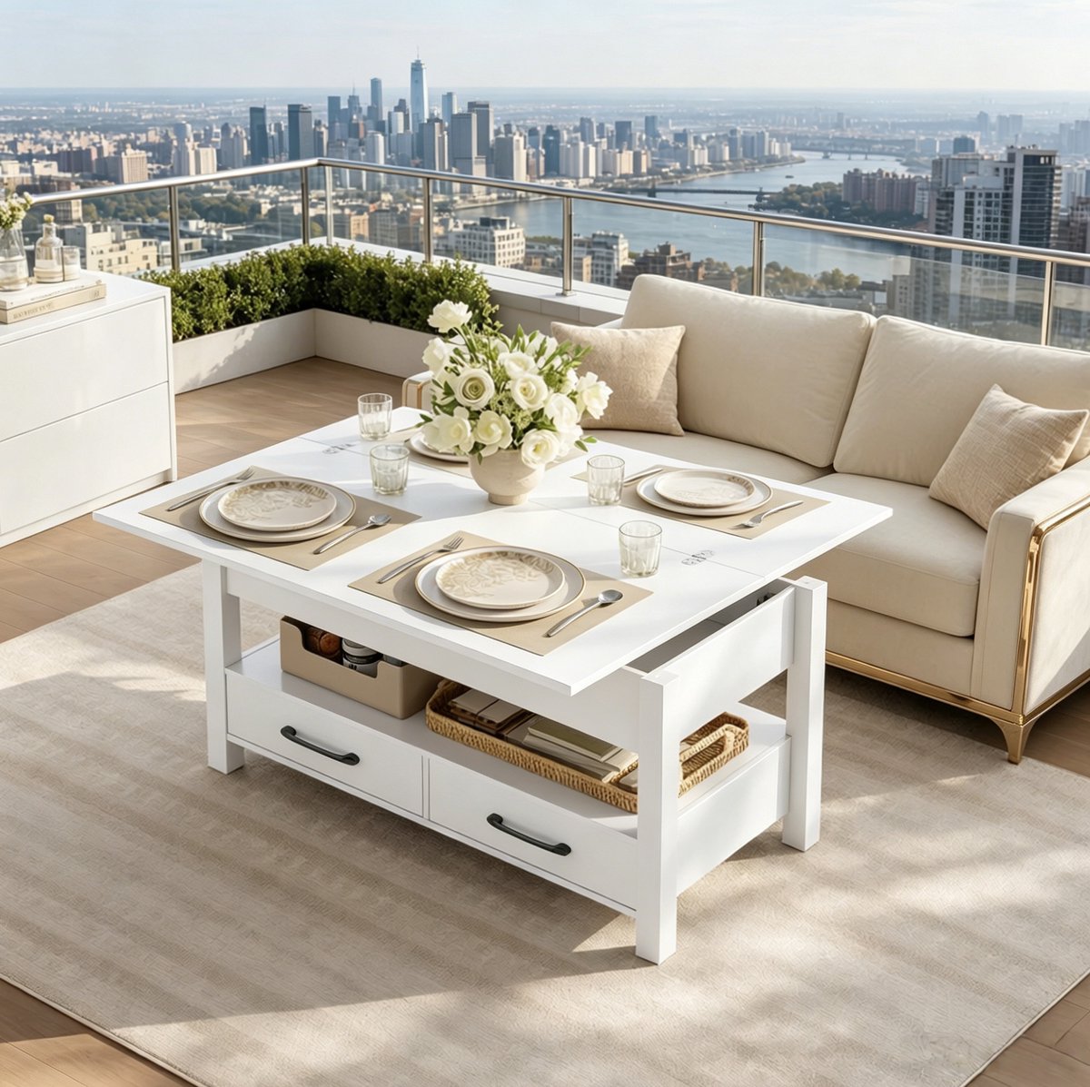 MIVRAY Salontafel - Uitschuifbaar Hefblad Met 2 Lades En Opbergruimte - Voor Woonkamer Eethoek En Tijdelijk Werken - Wit - 100x50,5x53 Cm