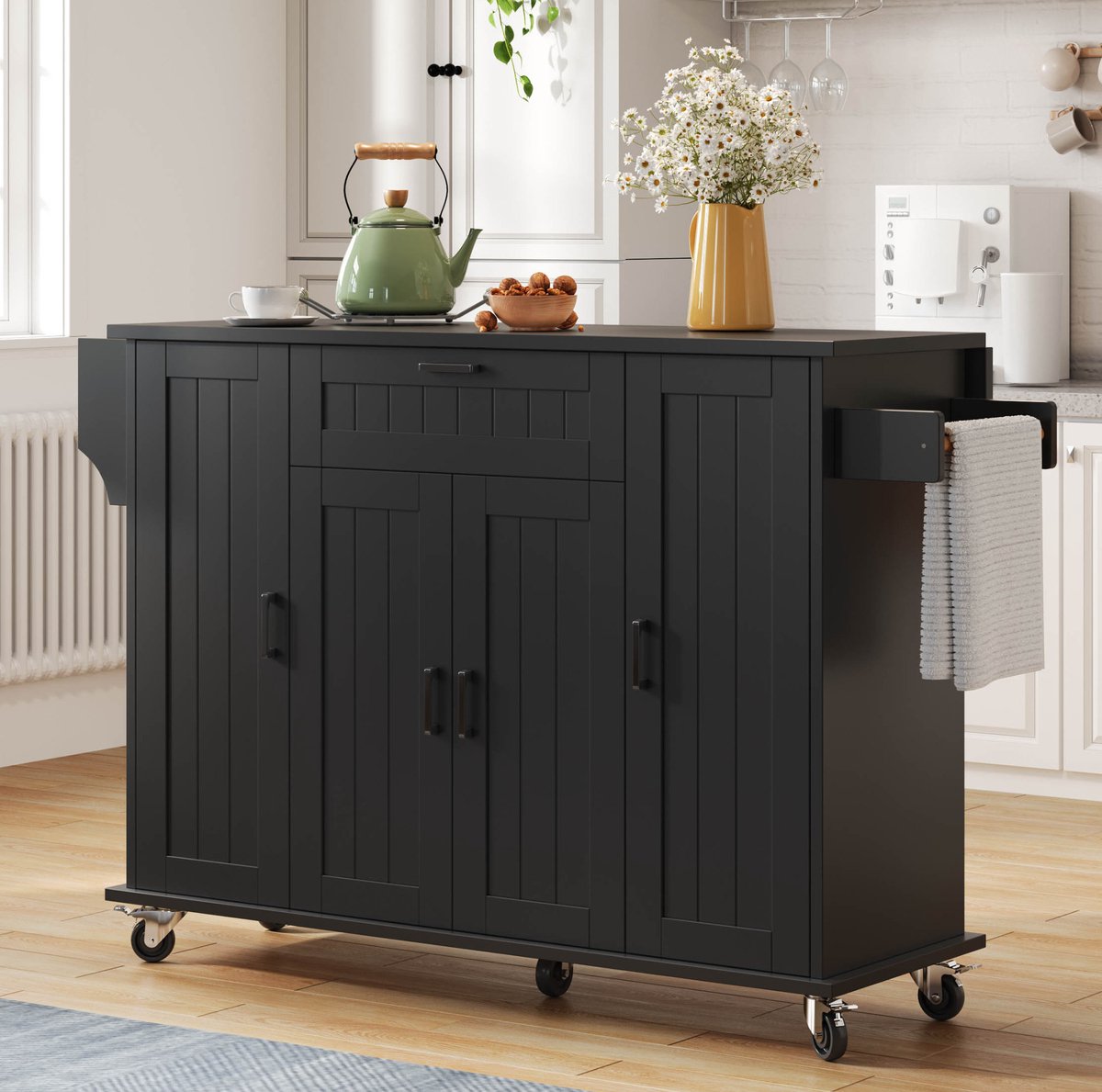 DESMIU Keukenkast - Keukeneiland Met Opklapbaar Werkblad En Wielen - 4 Deuren En 1 Lade Voor Keuken En Eethoek - MDF - 120x45(70)x95 Cm - Zwart