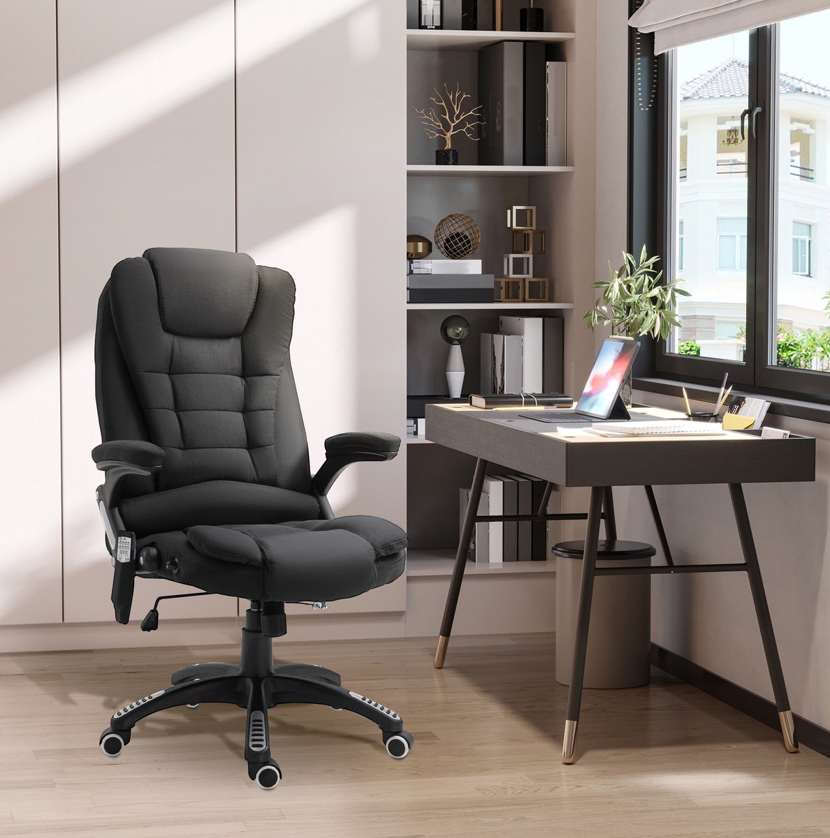 MEUNIQ Gamingstoel bureaustoel met massagefunctie en verwarming, verstelbare zithoogte, kantelbare rugleuning tot 130°, 360° draaibaar met wielen, zwart
