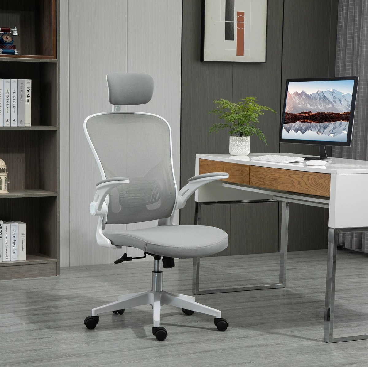 MEUNIQ ergonomische bureaustoel met verstelbare hoofdsteun, wippfunctie en mesh rugleuning, hoogte verstelbaar 65 x 64 x 114-122 cm, grijs