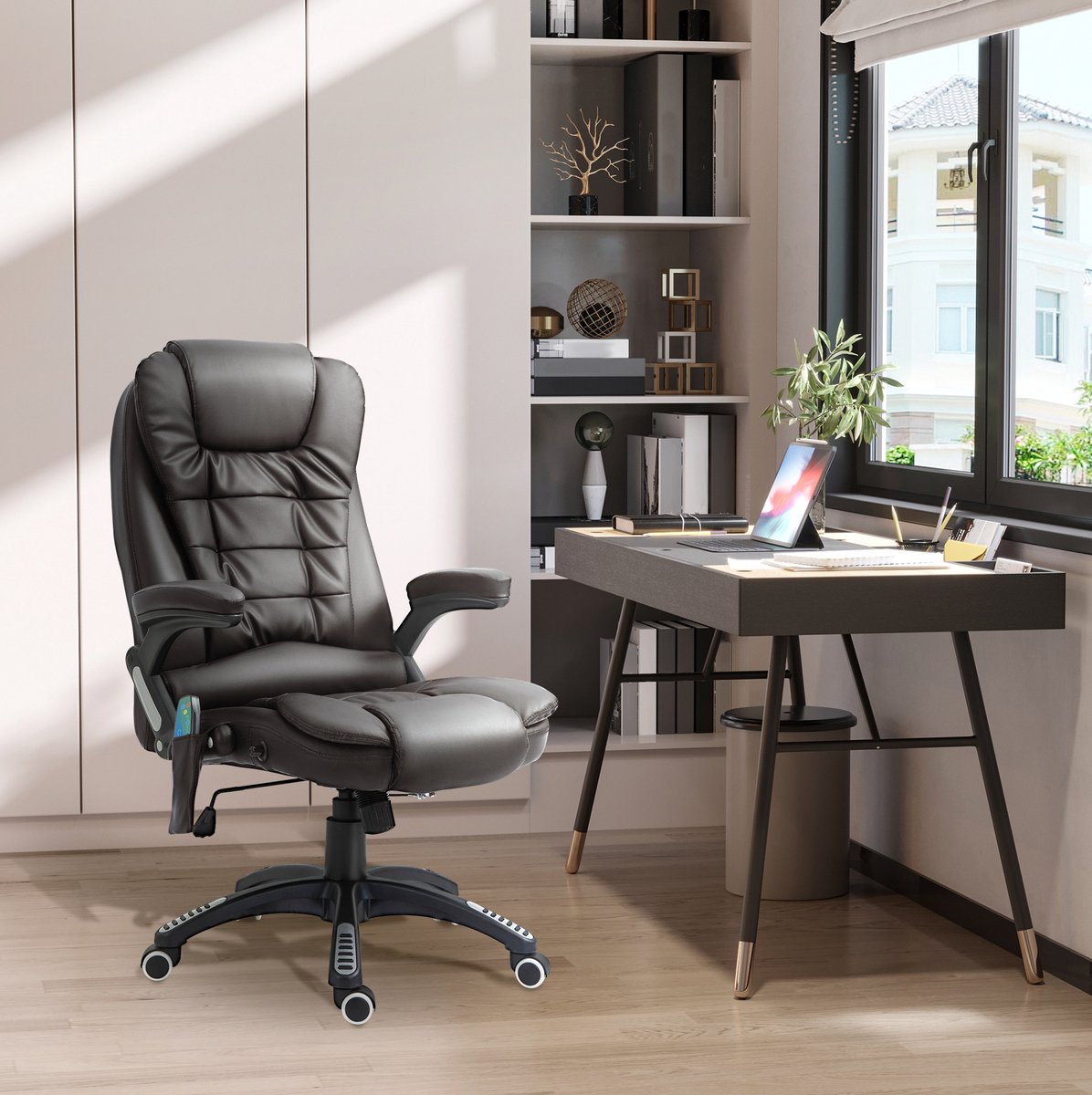 MEUNIQ bureaustoel met 6-punts vibratiemassage, warmtefunctie en vaste armleuningen, kunstleer, 360° draaibaar met wielen en verstelbare zithoogte 44-54 cm