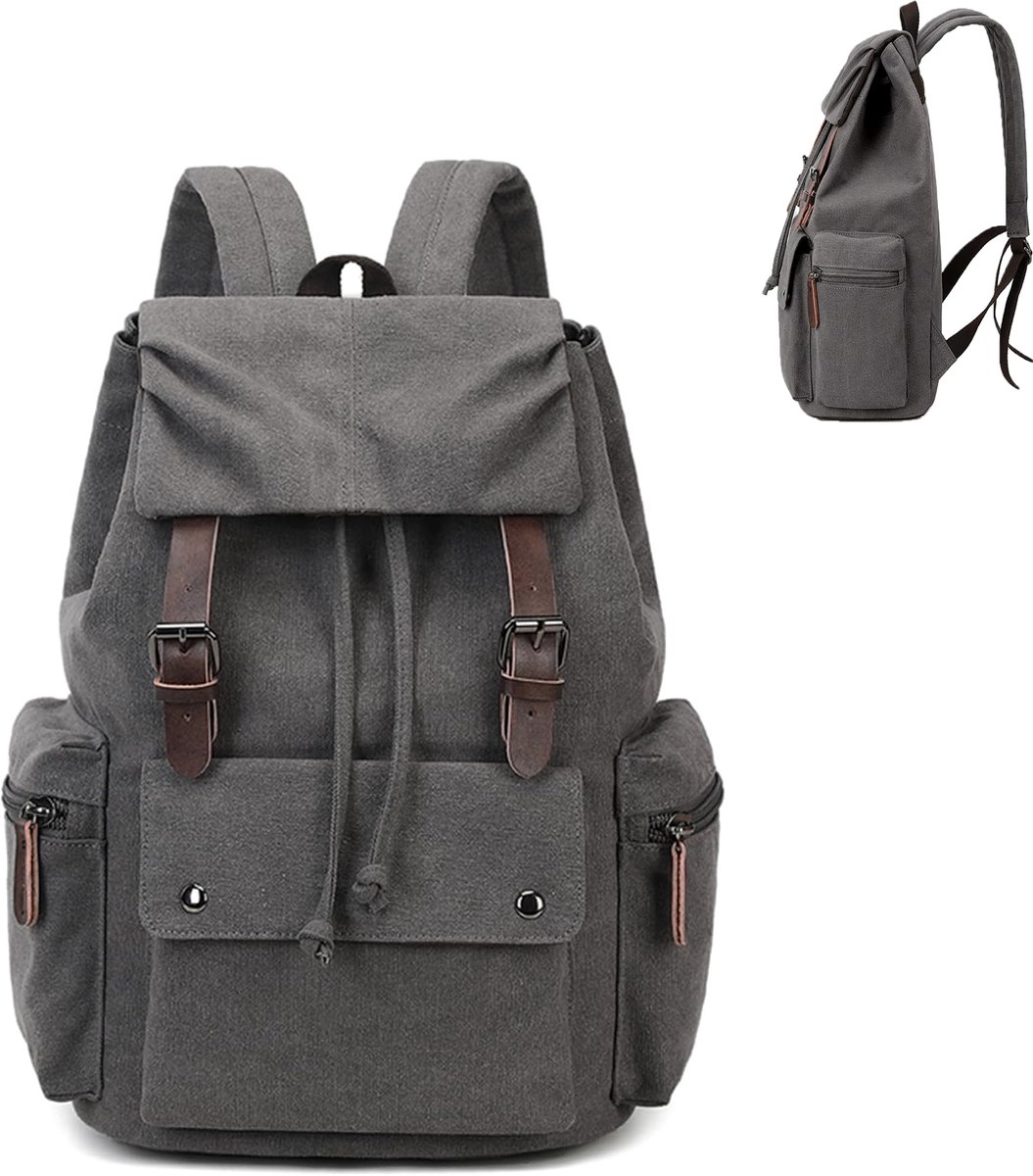 KZQ Retro canvas en leren laptoprugzak - Duurzame unisex tas voor wandelen werk en reizen - Waterafstotend - Grijs