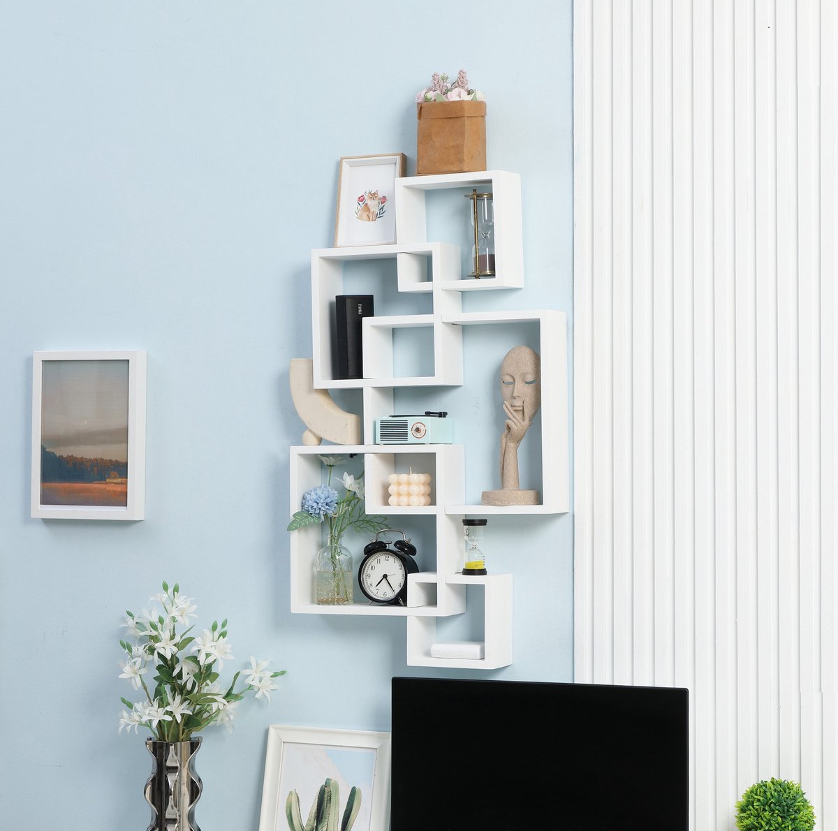 MEUNIQ wandrek 49,5 x 10,2 x 86 cm met 5 kubussen en 9 vakken, wandboard van hout, horizontaal of verticaal te monteren voor woonkamer, eetkamer of werkkamer, wit