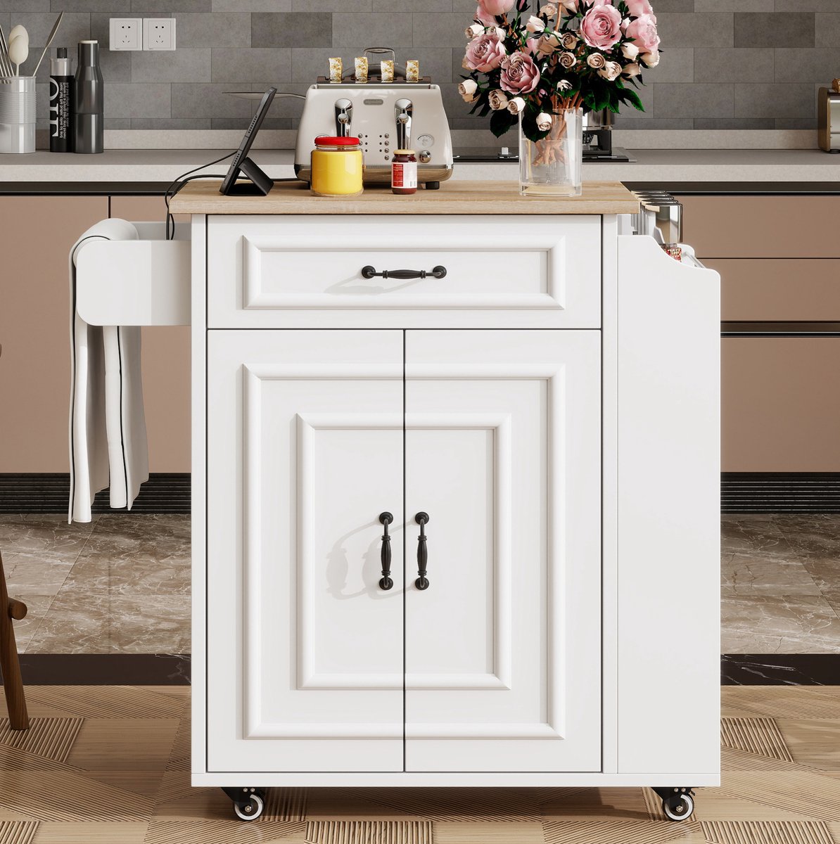 DESMIU Sidetable - Opklapbaar Werkblad En Wielen - Met Lade, Kast En Kruidenrek Voor Keuken En Ontbijthoek - MDF - Wit - 66x60x90 Cm