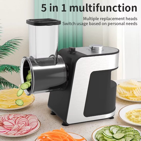 JOYNEXTBUY - Elektrische Groentesnijder 500W - 5-in-1 Groentesnijder & Kaasrasp - Keukenmachine met 5 RVS Snijschijven voor Groenten, Kaas & Chocolade van joynextbuy — afbeelding 3