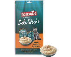 Thijox - Zachte Mousse Kattensnack Zalm & Kip - Rosewood Deli Sticks - Verwen Snack voor Katten - 5 x 15 g - Zonder Toegevoegd Zout of Suiker - Perfec