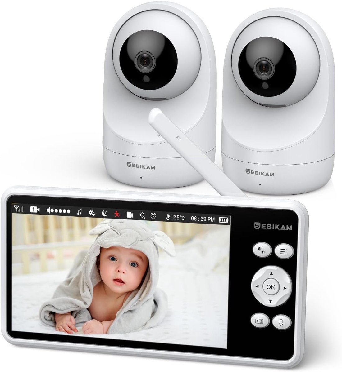 Thijox - Babyfoon met 2 Camera's, 5 inch 720P HD IPS Video Monitor, 4000mAh Batterij, PTZ 355°, VOX-modus, Nachtzicht, Tweeweg Audio, Temperatuursenso
