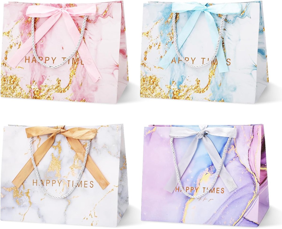 SnelShoppen - 4 Papieren Zakjes met Linten 25x20x12 cm, Marmer, Cadeauzakken met Handvat voor Feest, Bruiloft, Kerst, Verjaardag, Feestzakjes