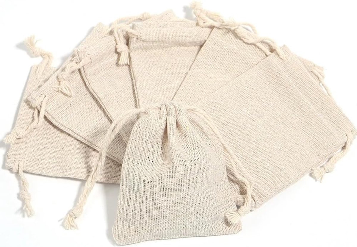 Thijox - 25 stuks kleine katoenen zakjes 8x10 cm met trekkoord, cadeauzakjes voor bruiloft, verjaardag, feest, kerst, jute en knutselen