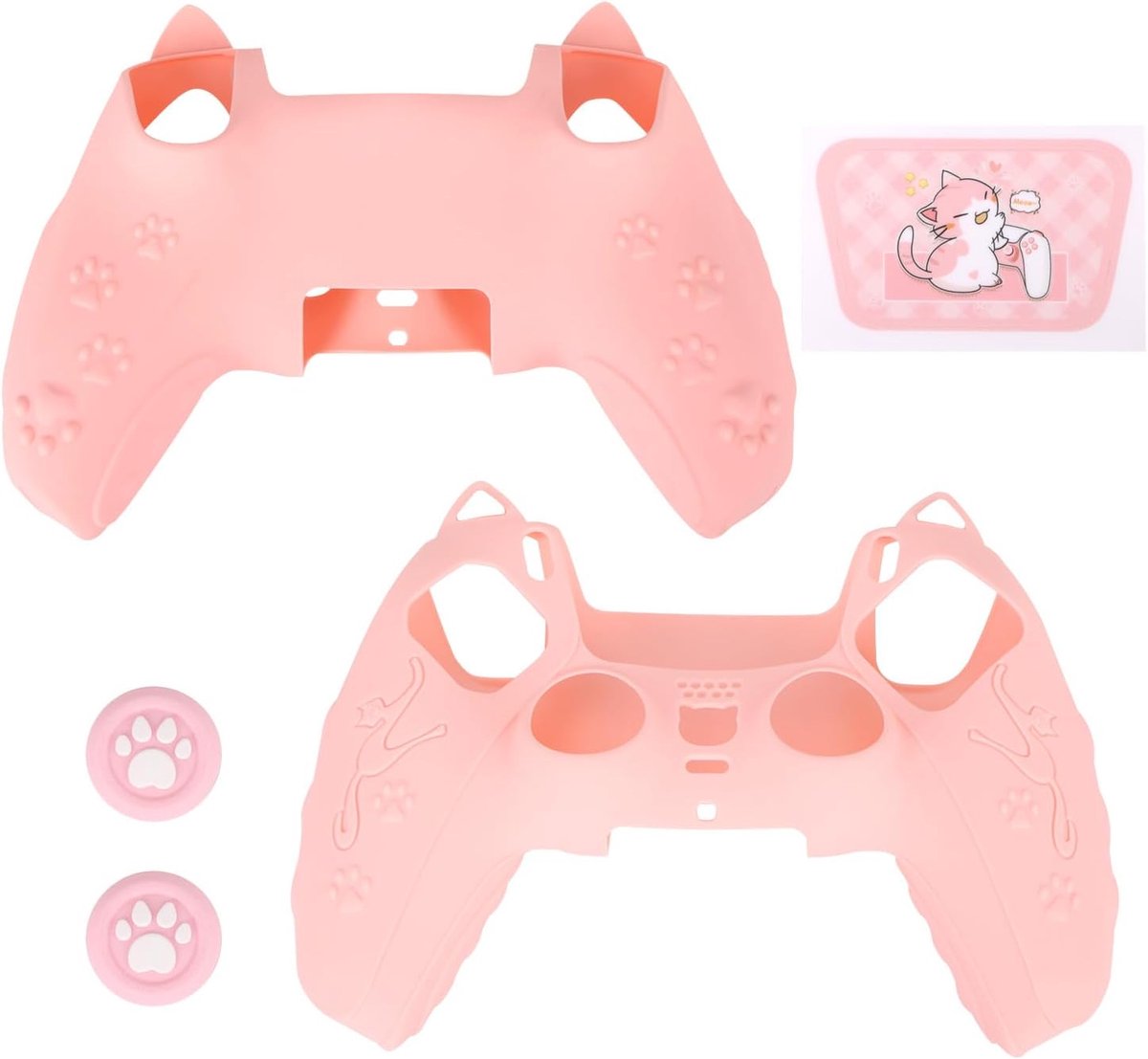 Thijox - Roze Controller Skin Set voor PS5 - Antislip Siliconen Hoes met Schattige Kattenpoot en Duimgrepen - Beschermende Behuizing en Touchpad Stick
