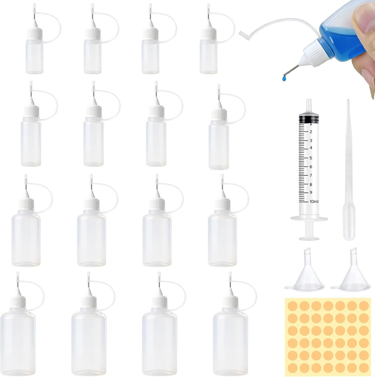 Set van 16 Dosing Flessen met Naaldtip, Pipette en Spuit, Ideaal voor DIY Projecten en Precisietoepassingen