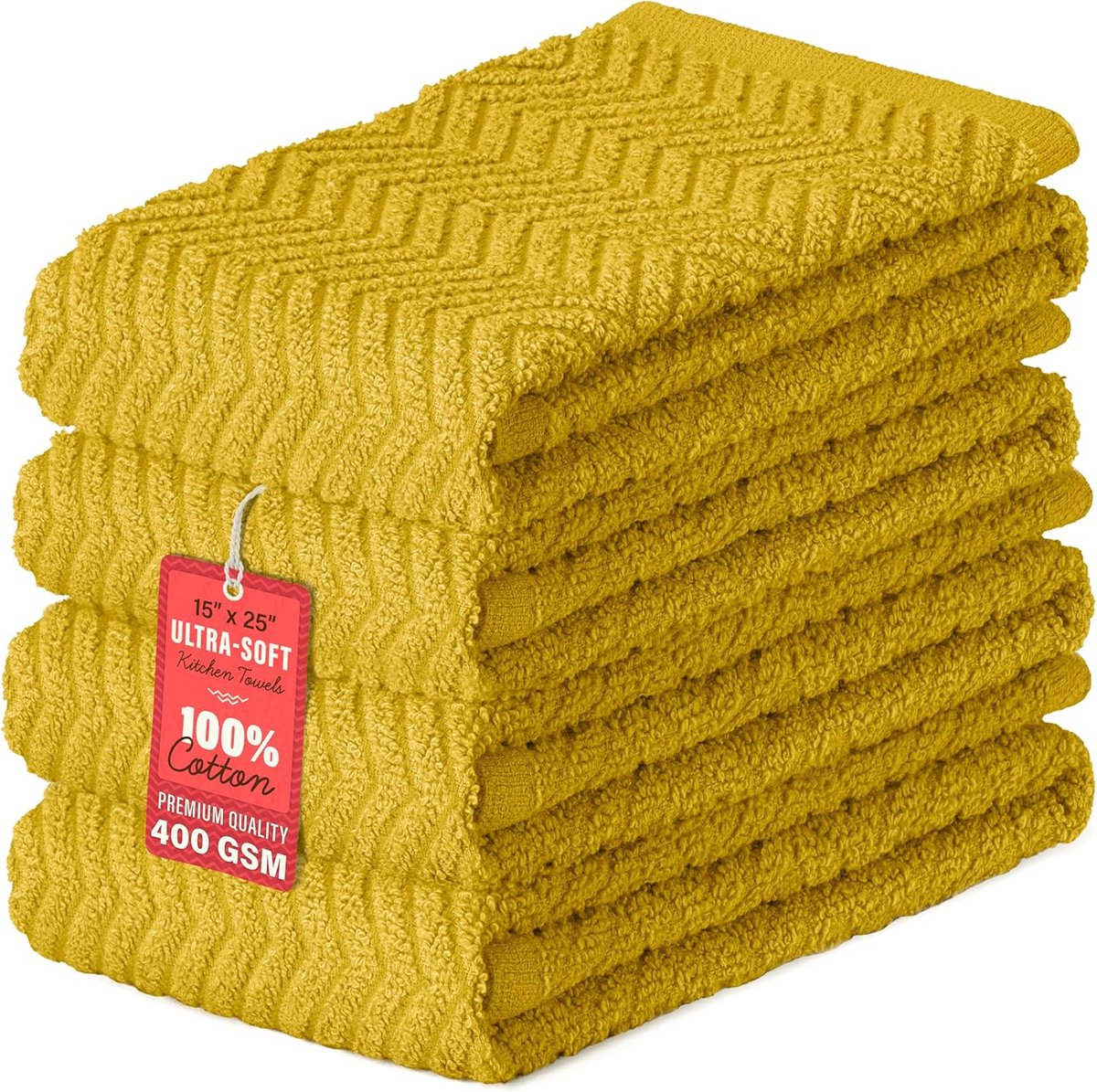SnelShoppen - Set van 4 Gele Theedoeken 100% Katoen, 38 x 64 cm, Absorberende Keukenhanddoeken, Pluisvrije Droogdoeken, Premium Kwaliteit, 400 g/m², K