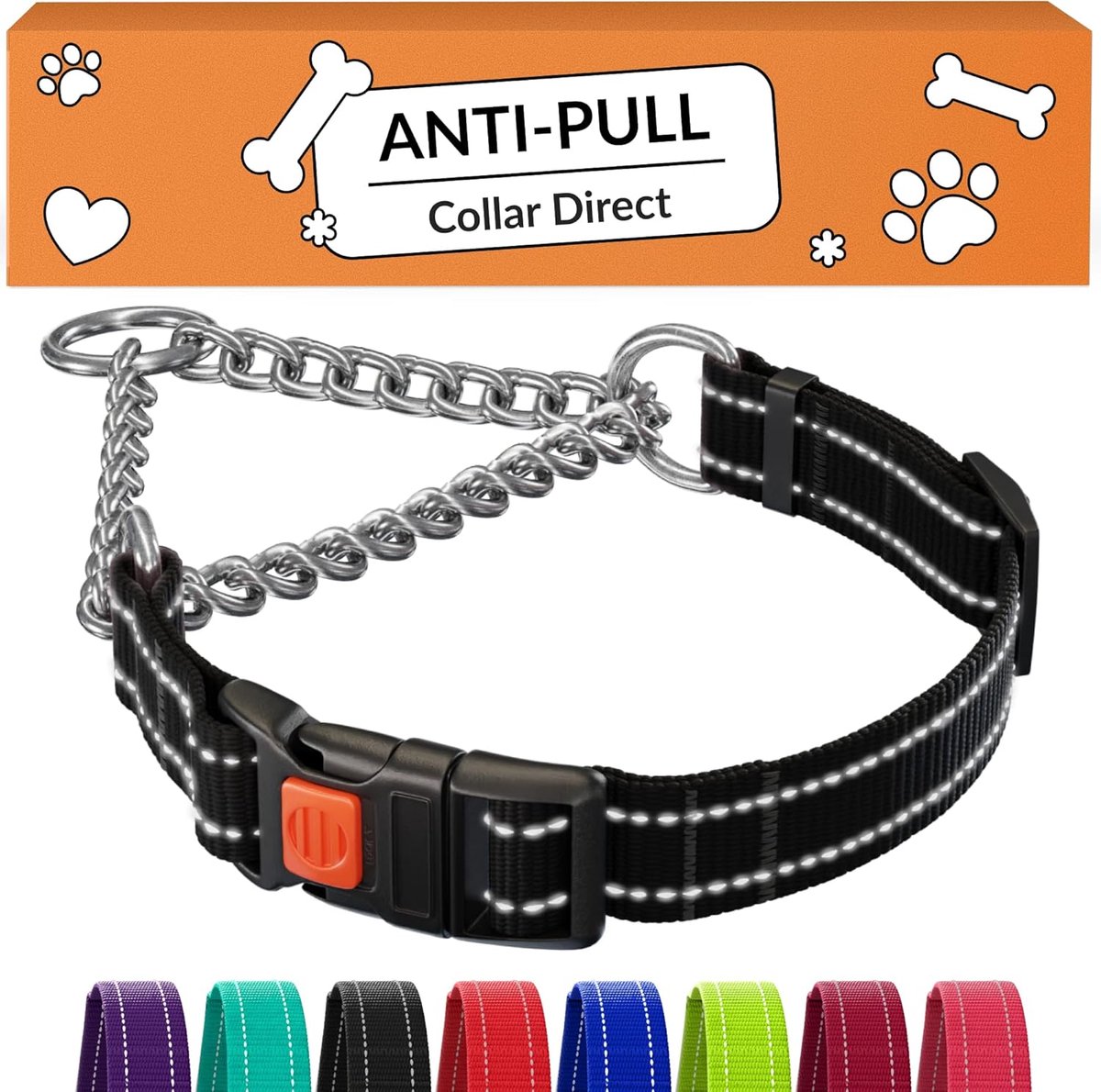 Thijox - Reflecterende Martingale Hondenhalsband, Verstelbare Zijdelingse Gesp, Kettingtraining, Zwart, M (35-42 cm) voor Veiligheid en Comfort