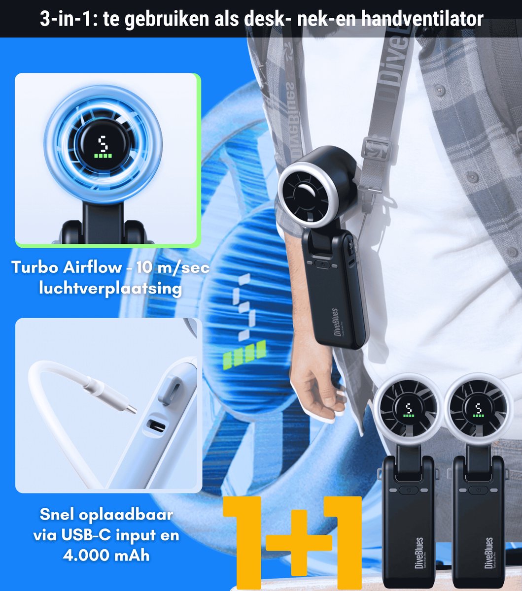 Diveblues® CYCLONE Handventilator Oplaadbaar | DUO SET | USB-C oplaadbaar | Intro 2026 | Waaier | Mini Ventilator | 2 handventilatoren (2x zwart) — afbeelding 4