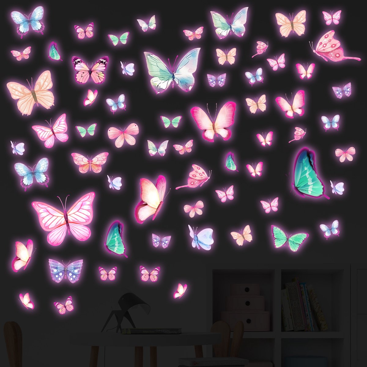 64-delige Glow-in-the-dark Vlinderwanddecoraties - Lichtgevende Gekleurde Vlinderstickers Voor Op Het Plafond, DIY-wanddecoratie Voor Woonkamers, Geschikt Voor Slaapkamers, Kinderkamers En Babykamers