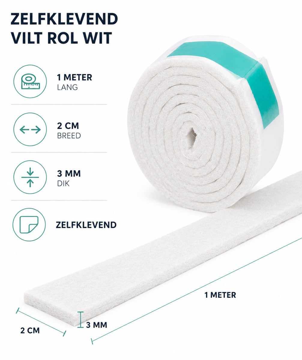 FSW-Products - Zelfklevend Meubelvilt Wit (Rol 1 Meter) - 2cm breed - Viltjes - Antikras Vilt - Zelfklevende Vilt - Viltjes Stoelpoten - Vloerbeschermers - Meubelvilt op Rol – Bescherm Vilt – Meubels - Stoelviltjes - Plakvilt