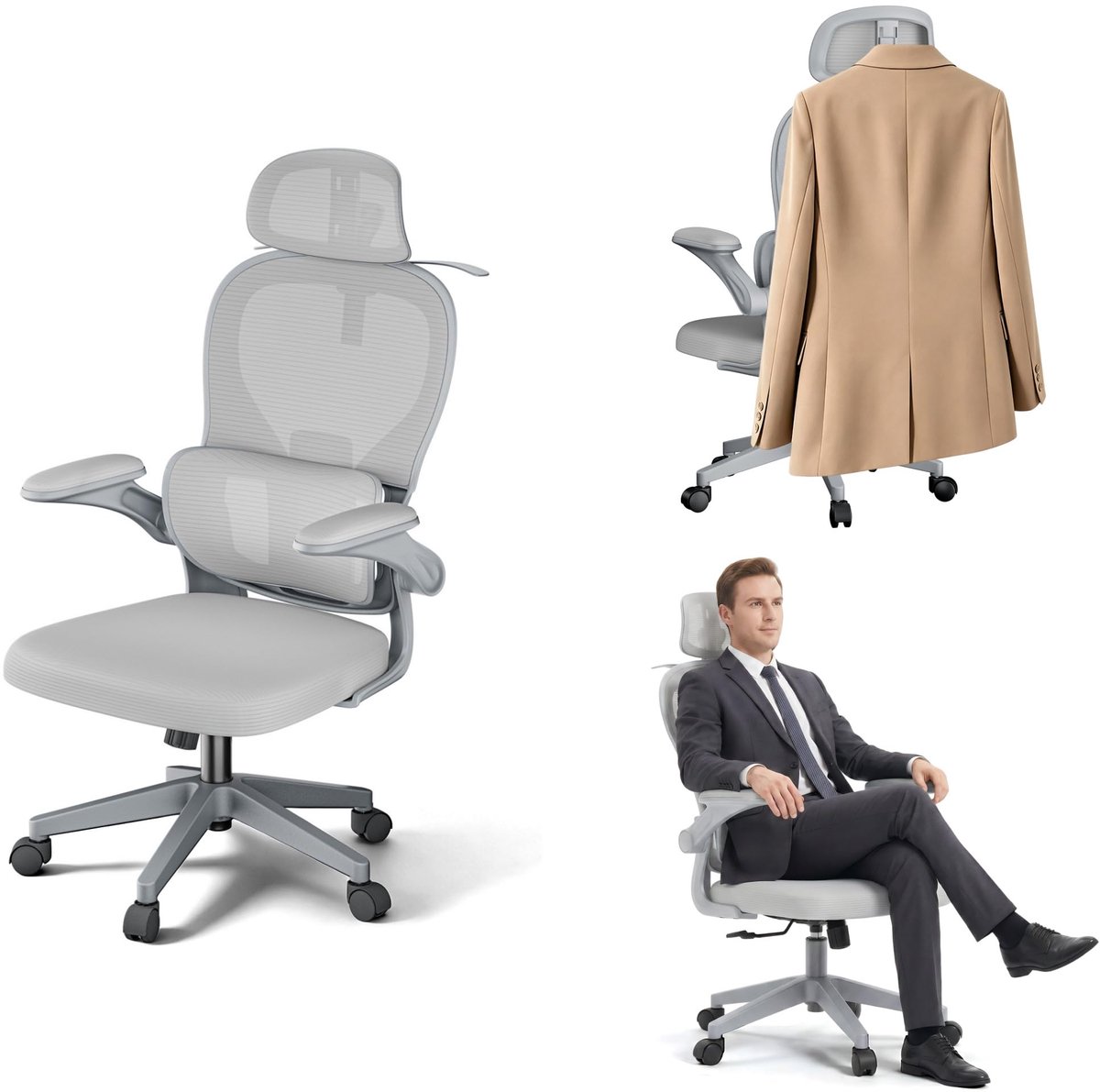 Bureaustoel - Ergonomisch - Draagvermogen tot 150kg - Multifunctioneel Verstelbaar - Met Kledinghaak - Draaistoel voor Kantoor & Thuiswerken - Grijs - NAIZY