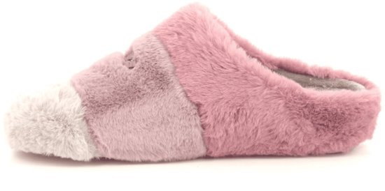 Roze pantoffel met drie gekleurde banden: donkerroze, lichtroze en wit, met het opschrift "scapa".