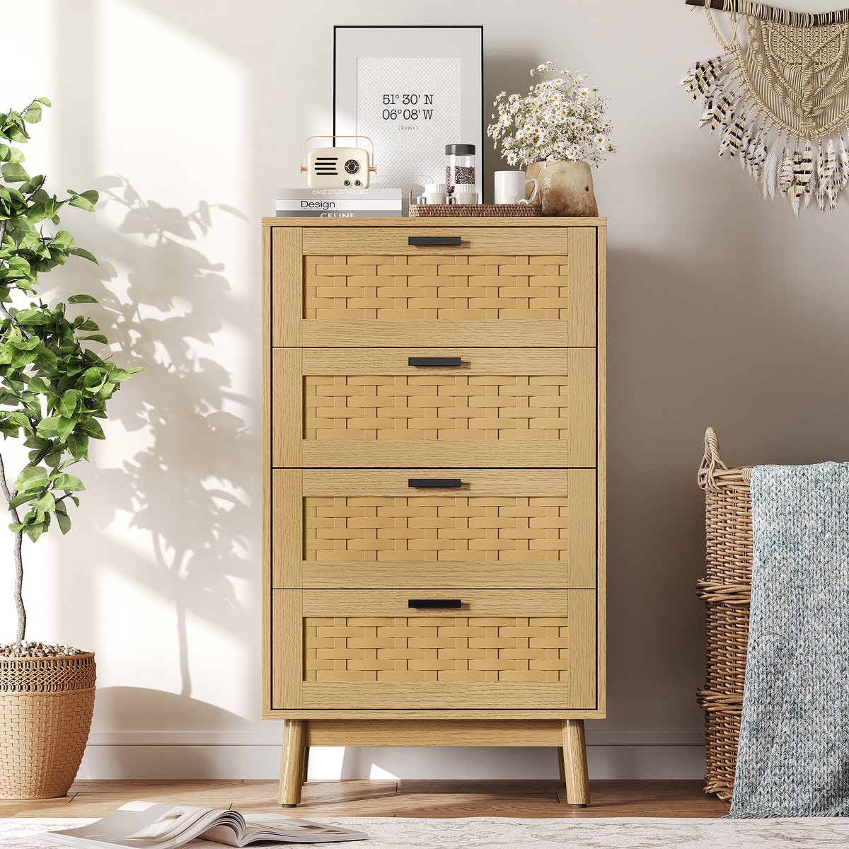 Ladekast 4 lades 55x40x95 cm, commode, opbergkast, dressoir, woonkamerkast, rotan look, MDF, eikenkleur