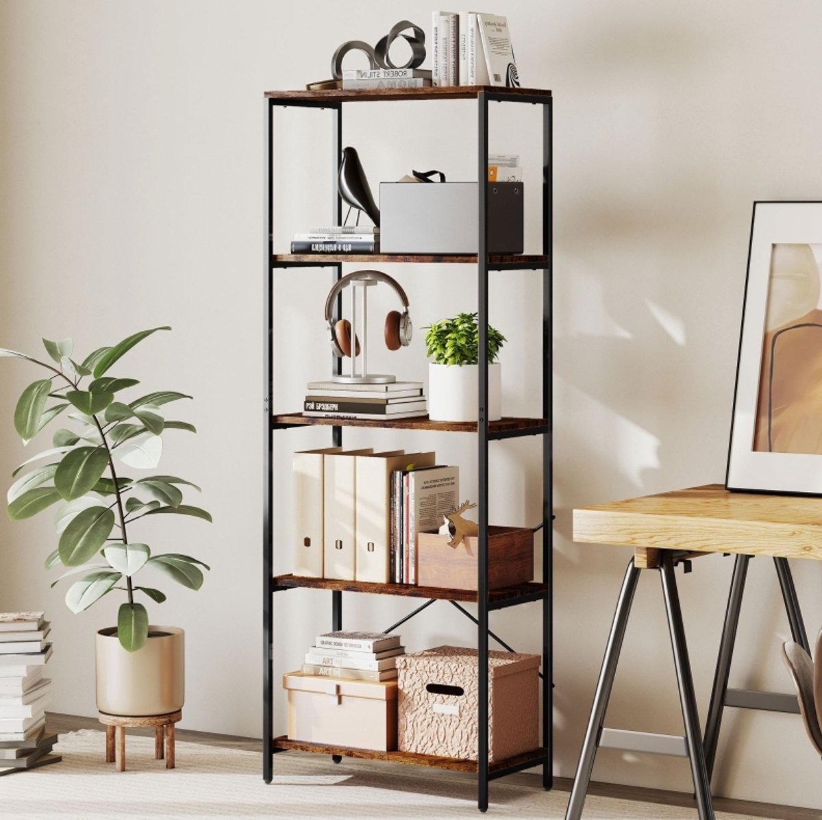 MEUNIQ Boekenkast 5 niveaus 79 x 35 x 161 cm open kast met metalen frame en X-vormige rugsteun voor woonkamer slaapkamer werkkamer rustiek bruin