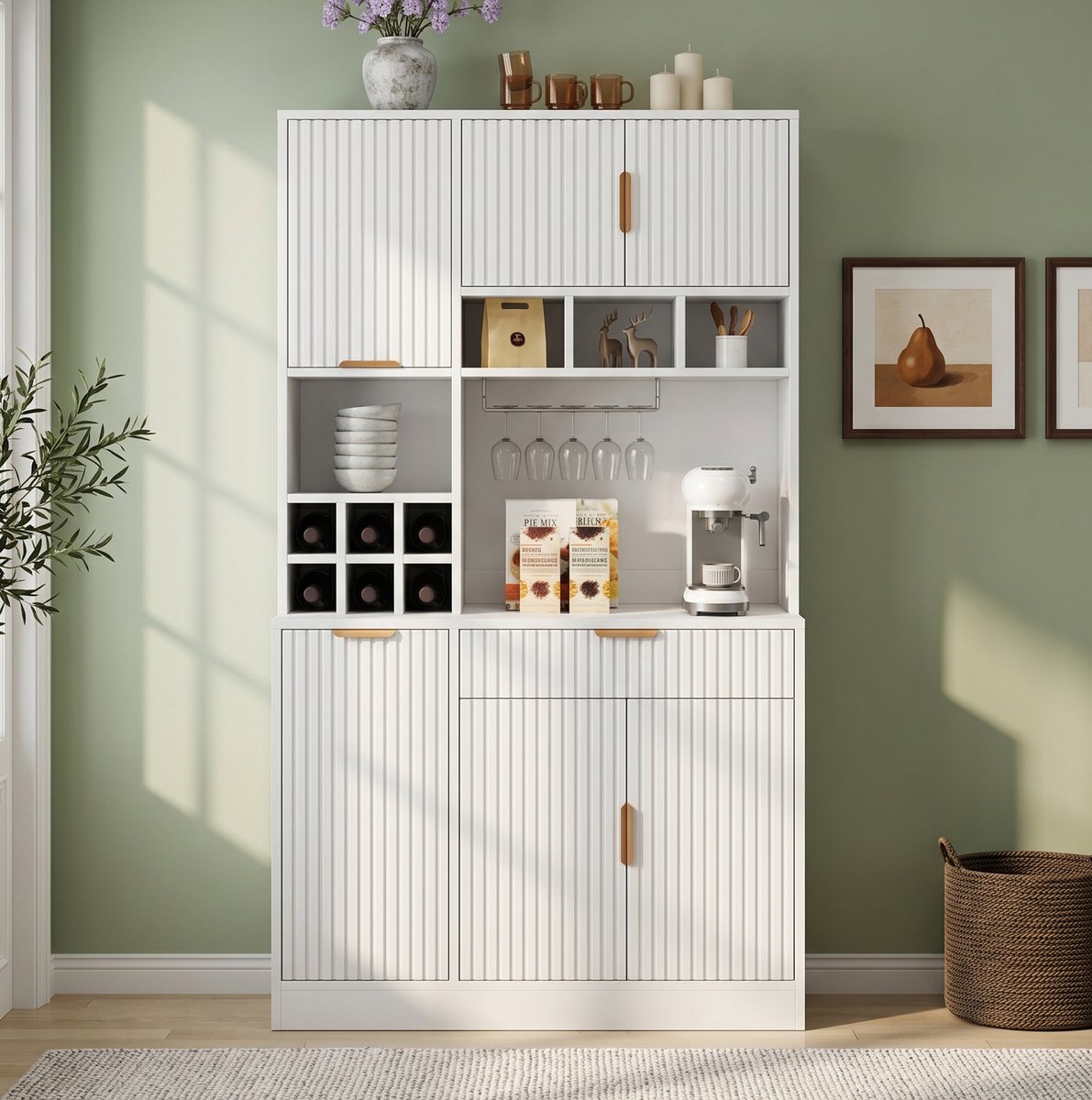 MIVRAY Buffetkast - Hoge Opbergkast Met Stopcontact, USB-A En USB-C - Met Wijnrek Voor Keuken En Eethoek - Spaanplaat - 100x40x175 Cm - Wit