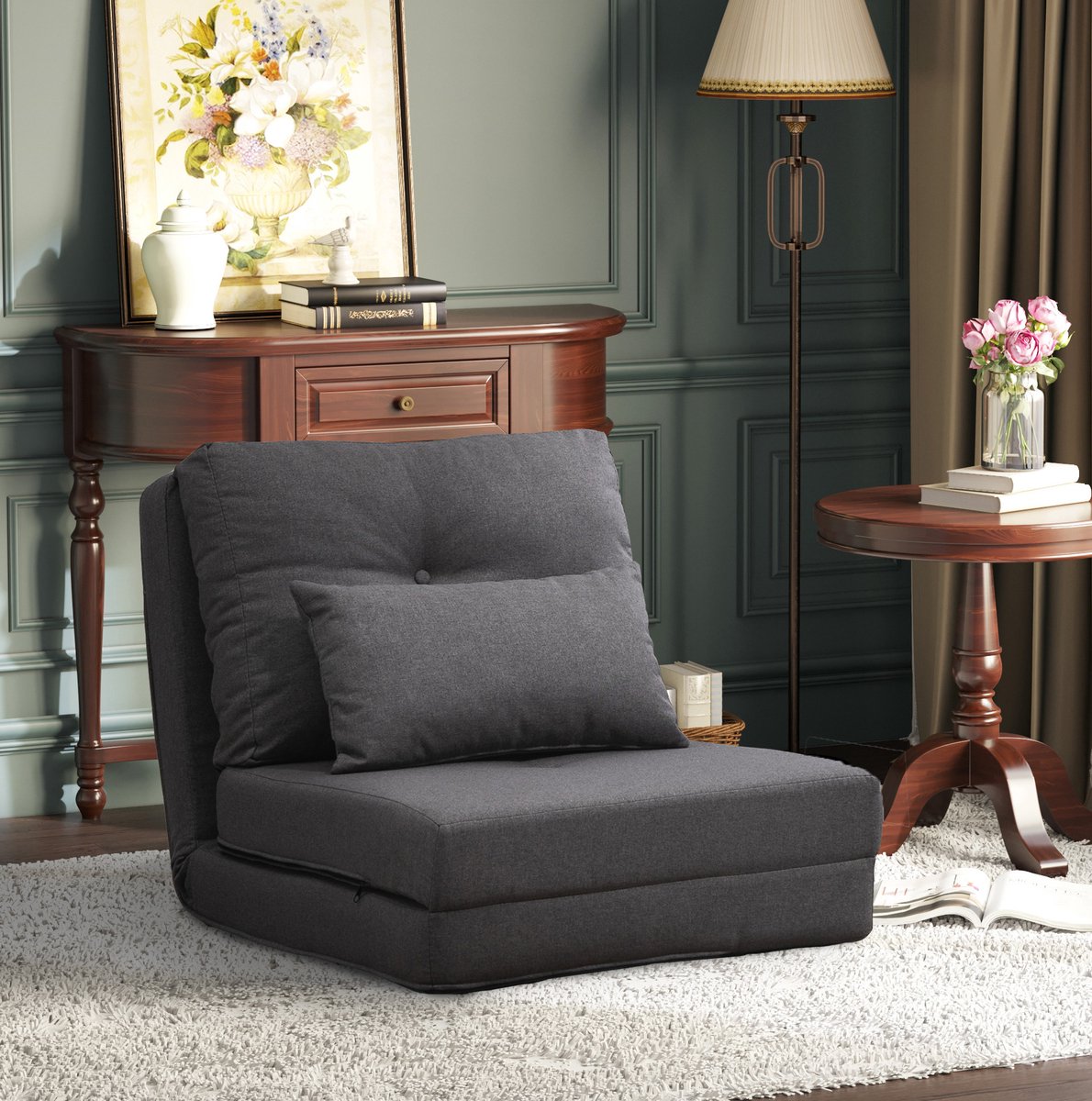 HAUSS SPOLE Chaise Longue - 2-in-1 Opklapbaar Bodemsofa - Verstelbare Rugleuning Met 2 Kussens - Voor Wonen, Gamen En Rusten - Linnen Donkergrijs