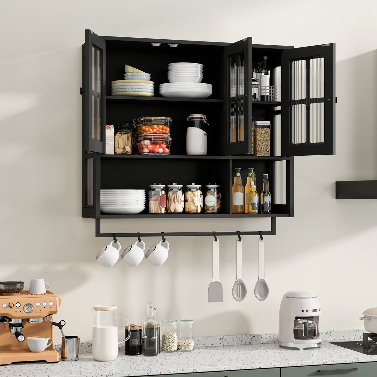 DESMIU Buffetkast - Wandkast Met 3 Deuren En Open Opbergruimte - Voor Badkamer En Woonruimte - MDF En Gehard Glas - 88x26x82,5 Cm - Zwart
