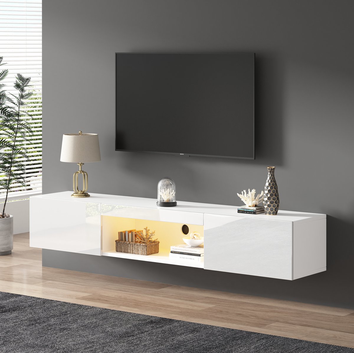 MEUNIQ hangend tv-meubel 160 x 31 x 22 cm met open vak, 2 klepdeuren, LED-verlichting en kabeldoorvoer, wandkast voor tv-wand in de woonkamer, wit