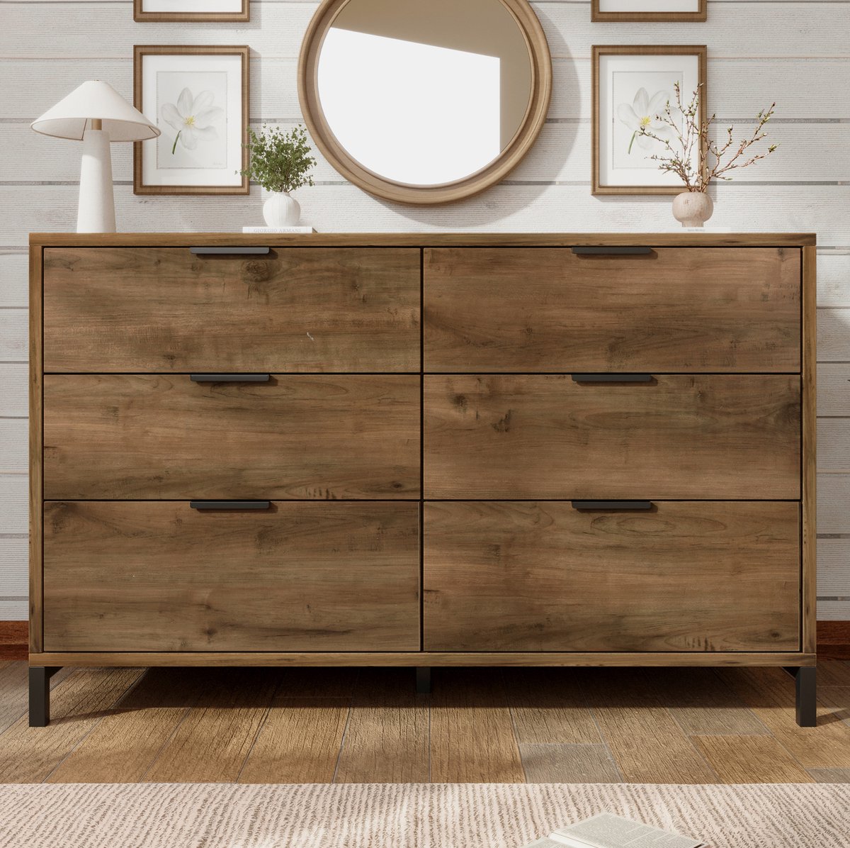 HAUSS SPOLE Dressoir - Industriële Kommode Met 6 Lades - Opbergkast Voor Slaapkamer En Woonruimte - Spaanplaat En Metaal - 120x40x76 Cm - Donkere Eik