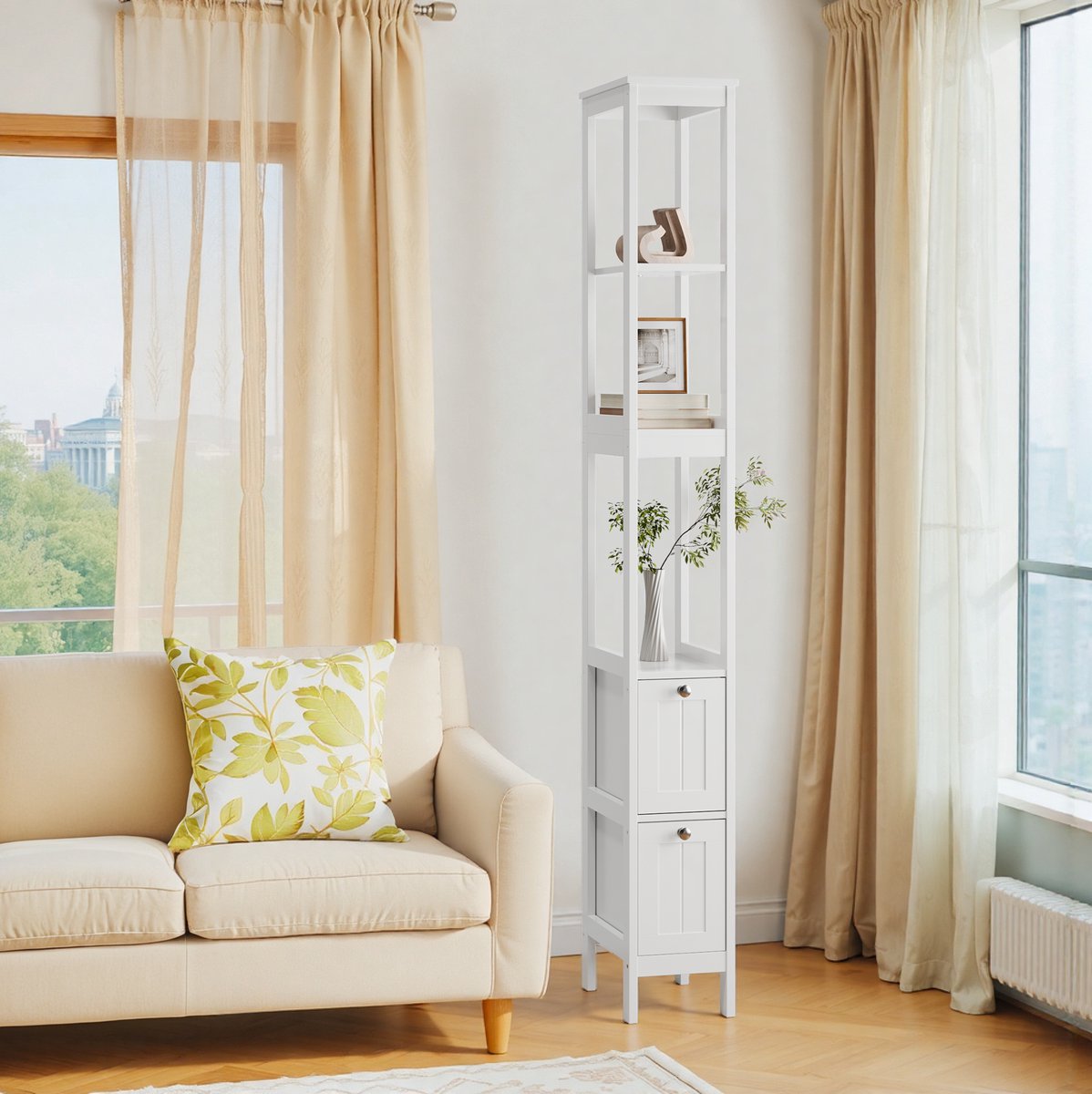 DESMIU Badkamerkast - Smalle Vrijstaande Opbergkast Met 2 Lades En 3 Planken - Voor Badkamer En Wasruimte - MDF - 20x30x160 Cm - Wit