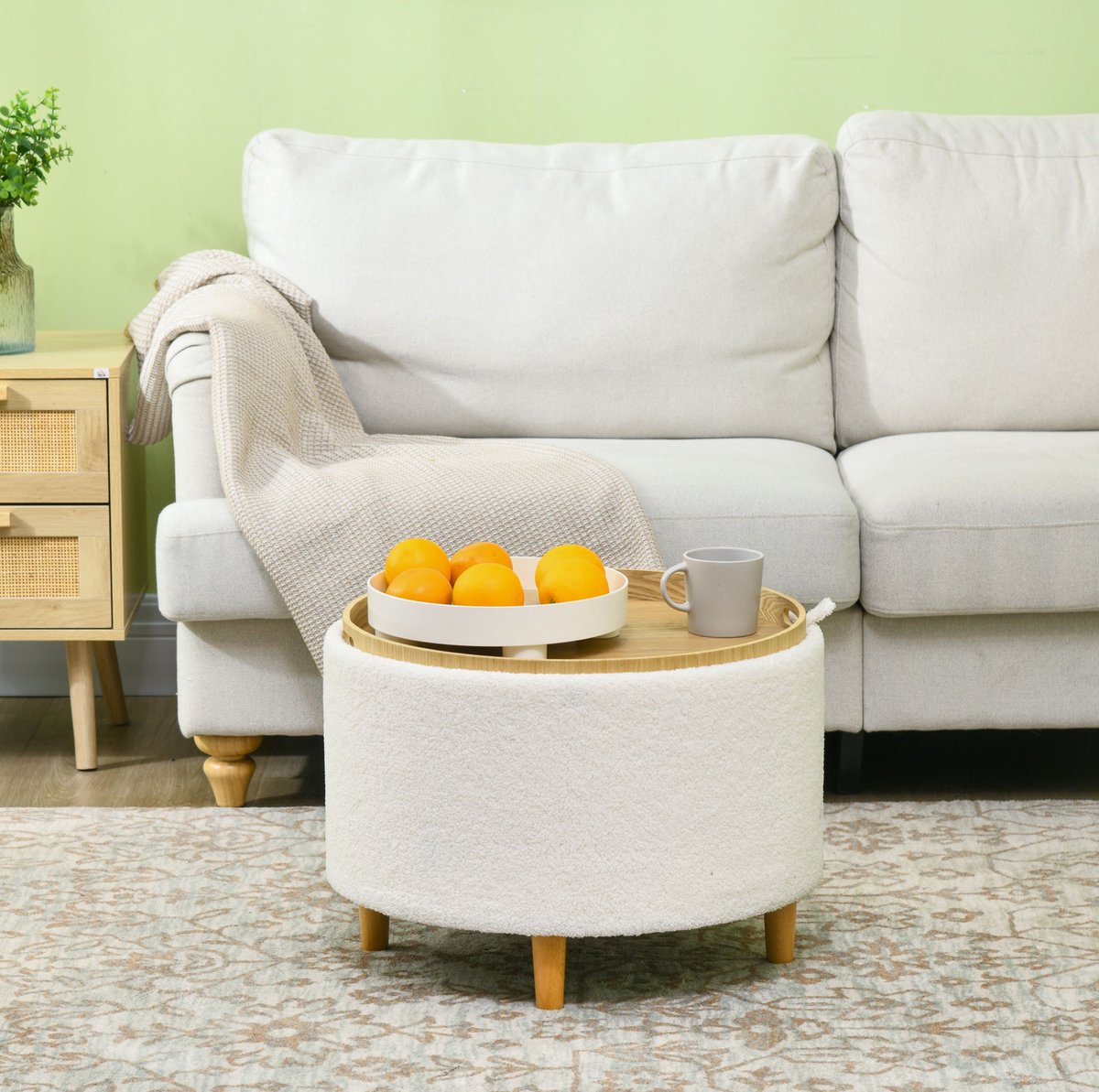 STILVORA Poef 56 x 42 cm - Ronde Opbergpoef Met Klapdeksel En Houten Poten - Voor Woonkamer En Slaapkamer - Polyester Wit