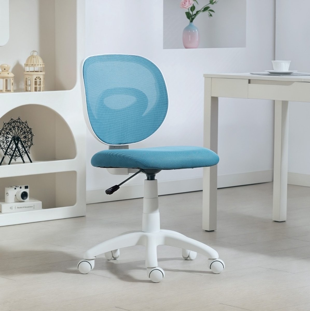 MEUNIQ ergonomische bureaustoel zonder armleuningen met C-vormige rugsteun, netrugleuning, verstelbare zithoogte 43-51 cm, draaibaar met wielen, blauw