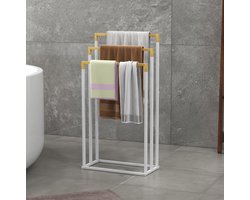 MEUNIQ Vrijstaand handdoekenrek met 3 stangen 45 x 22,5 x 86 cm van metaal en bamboe voor badkamer, staand droogrek zonder boren, wit