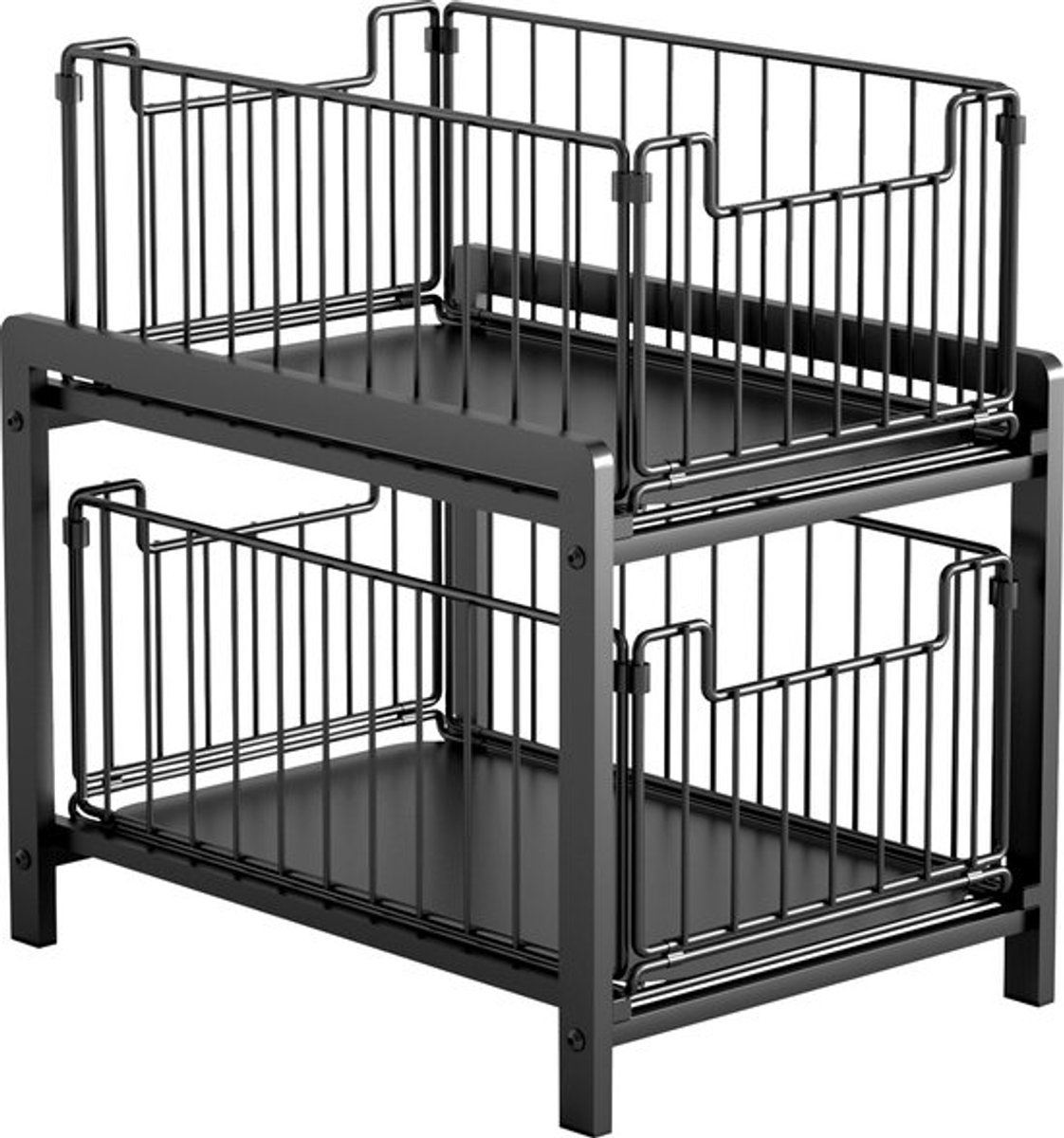 Keukenorganizer – Keukenkast Organizer – Gootsteenkast Organizer – Aanrecht Organizer – Badkamer Organizer – 2 Laagse Opberger – Met Uitschuifbare Lade – Metaal – 26x37x38,5 cm – Zwart