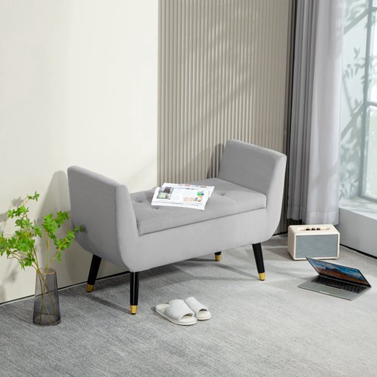 Opbergbank – Opbergbank – Zitbank – Bankje – Halbank – Fluweelachtig Polyester – Stevig Rubberwood – Lichtgrijs – 107x42x65 cm – Met Armleuningen – Met Opbergruimte