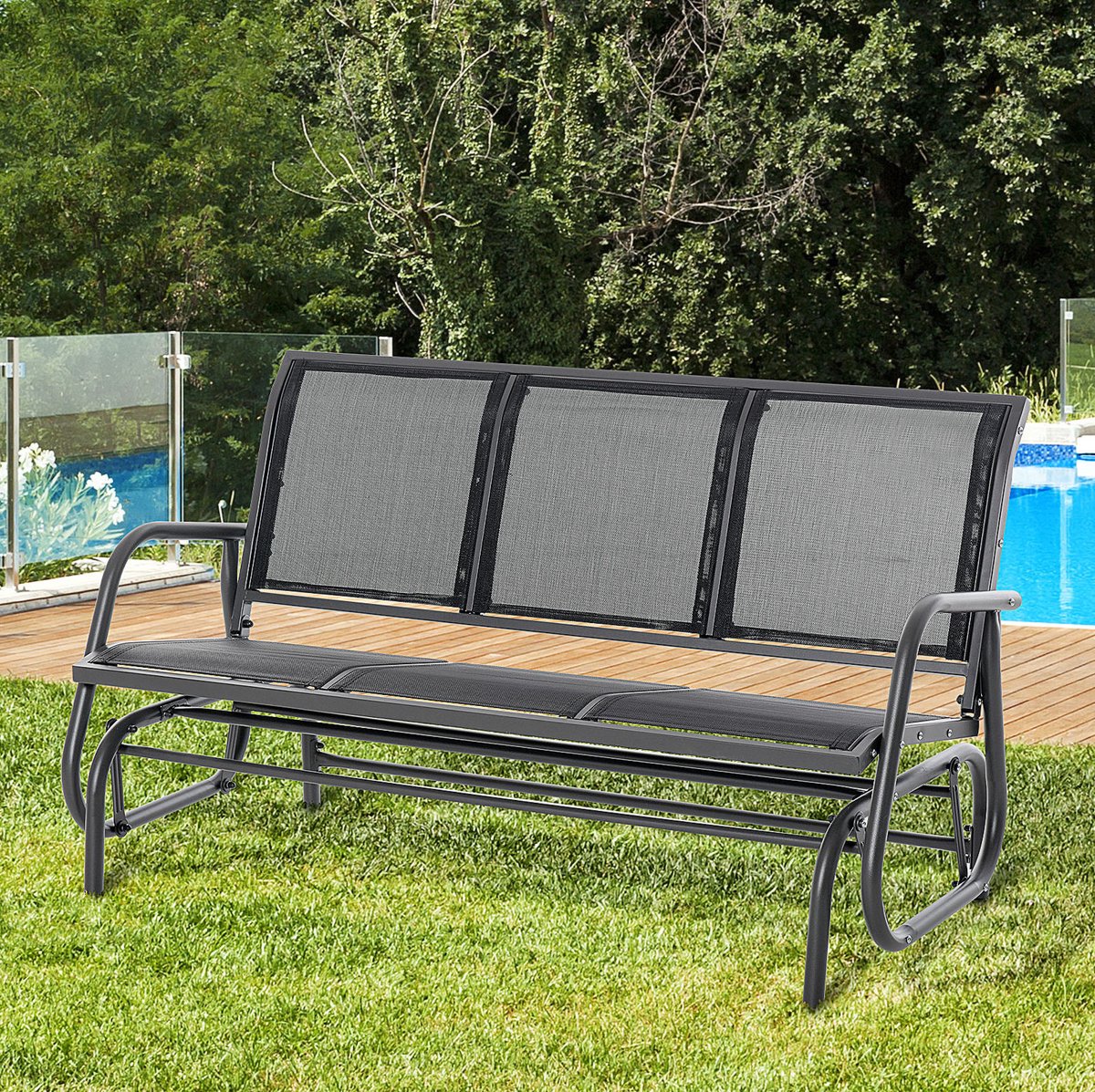MEUNIQ Schommelbank 3-zits 147 x 75 x 85 cm met schommelmechanisme, metalen tuinbank met ademende netstof voor tuin en terras, zwart