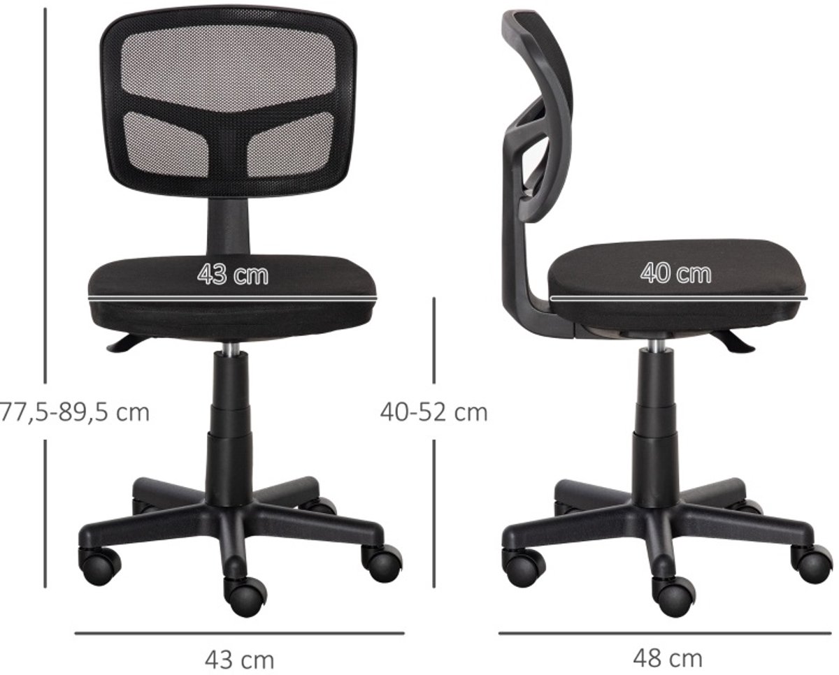 MEUNIQ bureaustoel zonder armleuningen met mesh rugleuning, verstelbare zithoogte 40-52 cm, draaistoel met wielen voor bureau of thuiskantoor, zwart